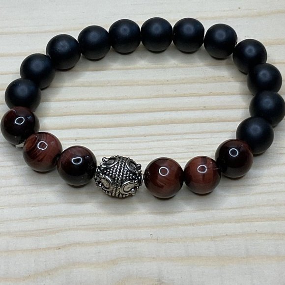 Red Tiger's Eye Black Obsidian Silver Filigree Ball Flex Protection Bracelet - Picture 1 of 4